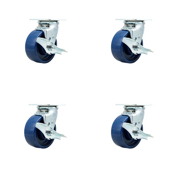 5 Inch Solid Polyurethane Swivel Caster Set with Roller Bearings and Brakes SCC